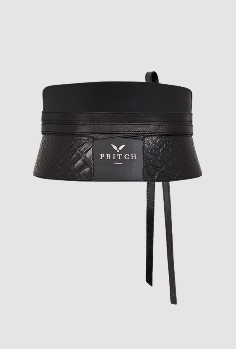 PRITCH Leather Corset Belt in Croc Embossed Black