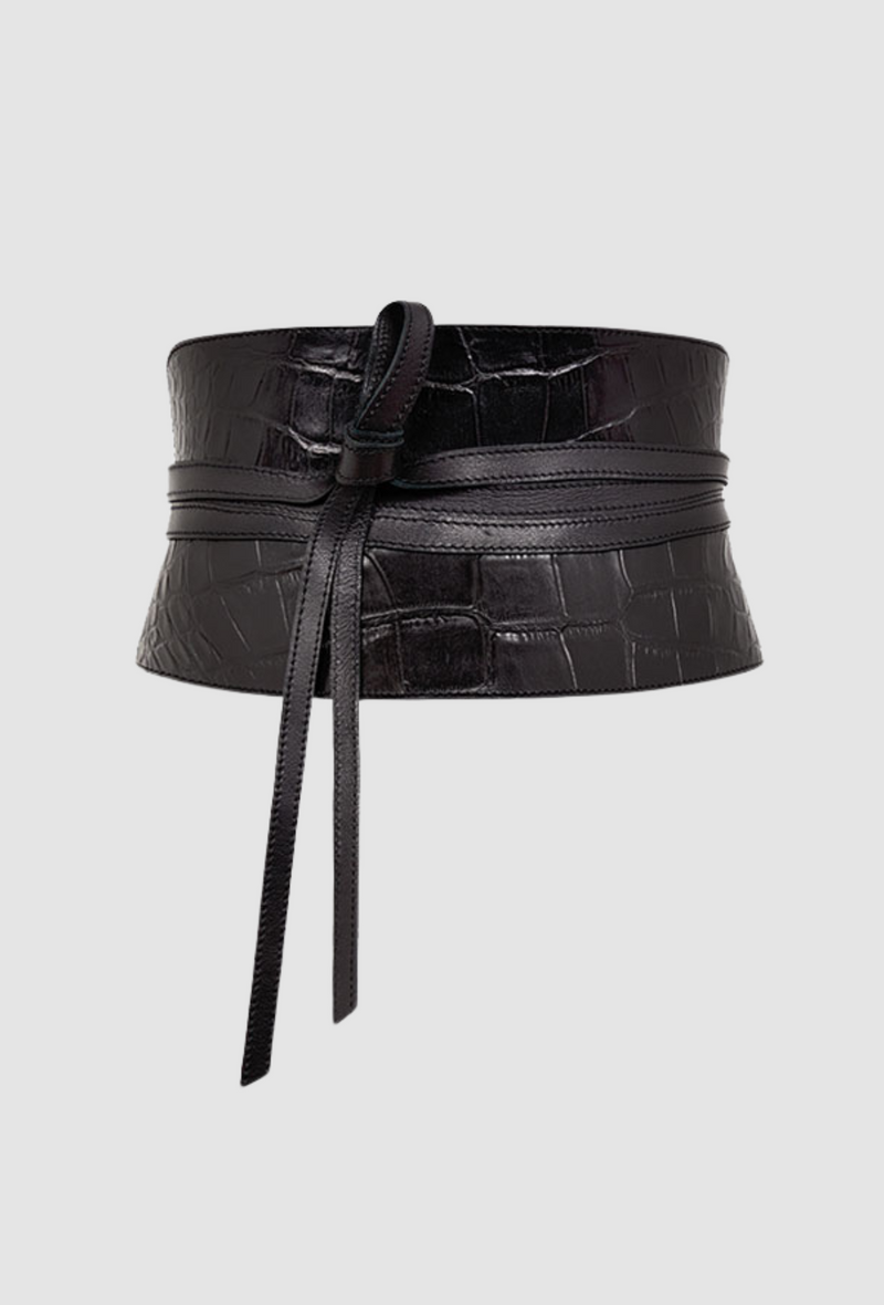 PRITCH Leather Corset Belt in Croc Embossed Black