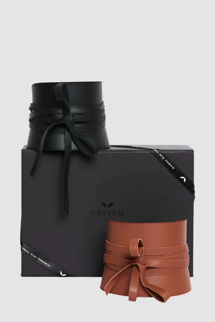 PRITCH Leather Corset Belt Pitch Black and Cognac Brown